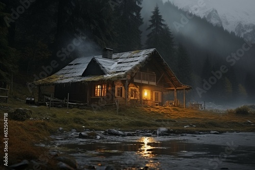 Rustic cabin surrounded by misty woods, adorned with a textured aura © shaista