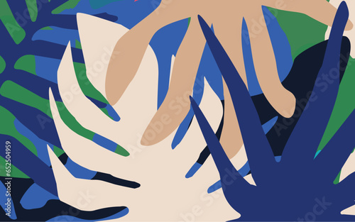 Colorful tropical leaves poster background vector illustration. Exotic overlapping and simple plants, branches, and leaves art print for beauty and natural products, spa and wellness, fabric, fashion