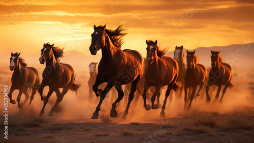 beautiful wild horses running in the field at sunset