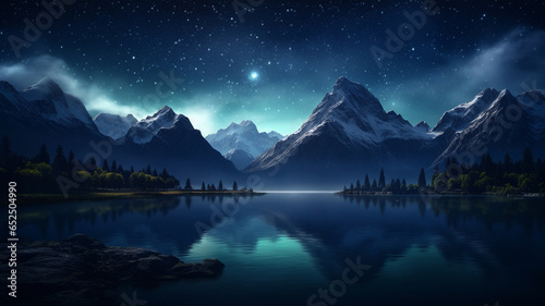 beautiful night starry sky with mountains and lake