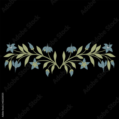 Symmetrical floral design with two blooming branches of nightshade plant. Botanical border with green leaves and blue flowers on black background. Folk style.