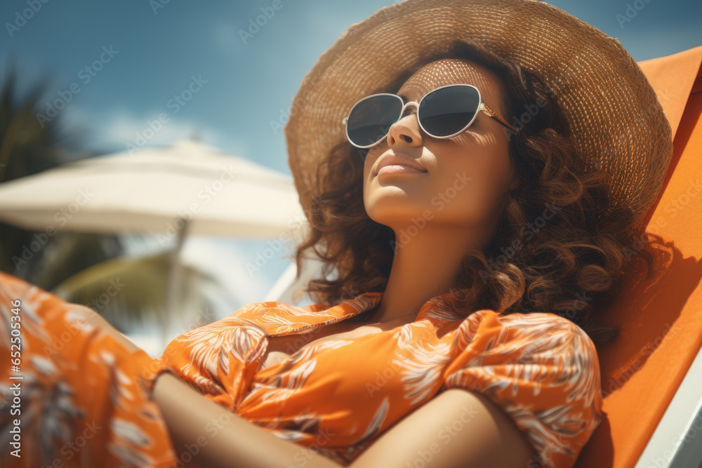 A woman is seen relaxing on a beach chair while wearing a hat and sunglasses. This image can be used to depict relaxation, vacation, and leisure activities.