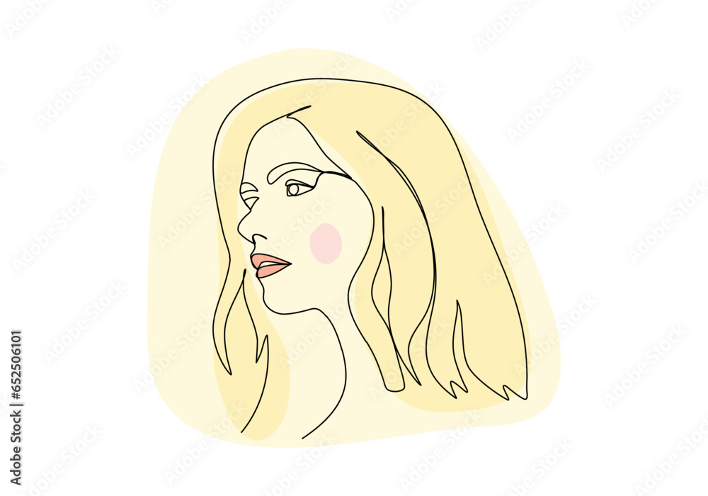 Portrait of young woman. One line drawing colored with pastel colors. Vector illustration.