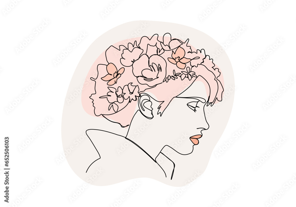Girl portrait with flower hairstyle. One line drawing colored with pastel colors. Vector illustration. Girl portrait with flower hairstyle. One line drawing colored with pastel colors. Vector illustration.