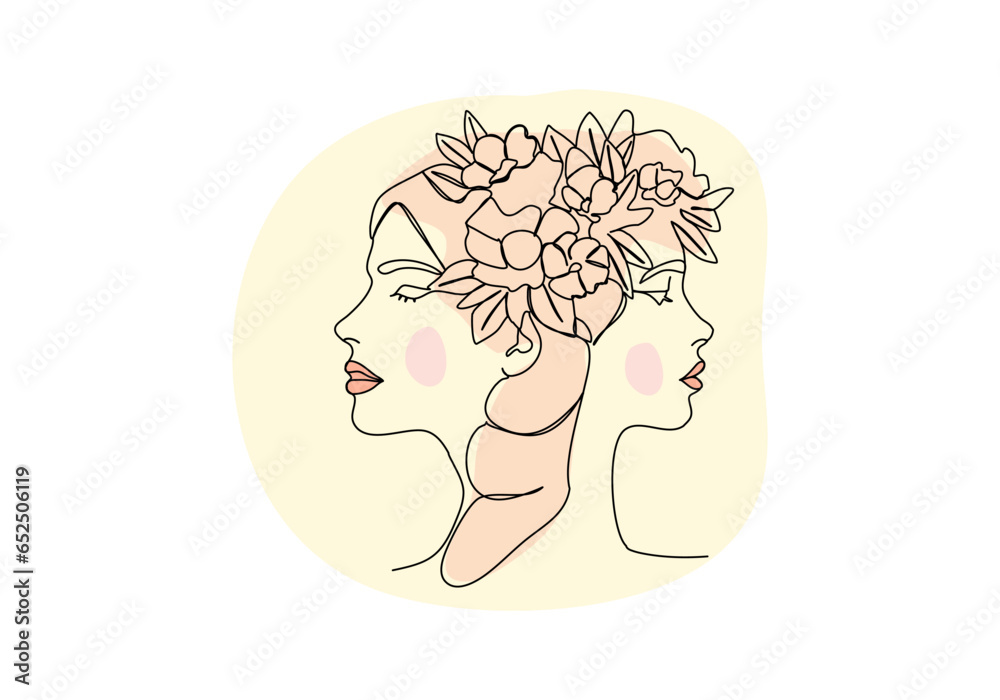 Girl portrait with flower hairstyle. One line drawing colored with pastel colors. Vector illustration. Girl portrait with flower hairstyle. One line drawing colored with pastel colors. Vector illustration.