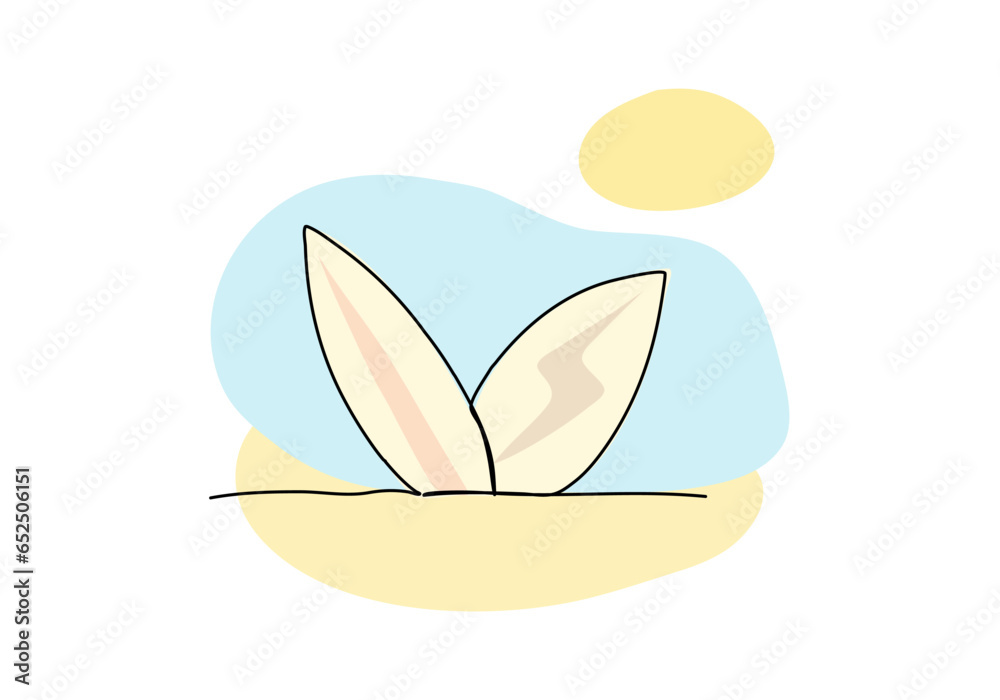 Two surfboards on the beach one line drawing colored with pastel colors. Vector illustration. Two surfboards on the beach one line drawing colored with pastel colors. Vector illustration.