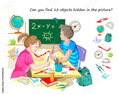 Can you find 12 objects hidden in the picture? Logic puzzle game for children and adults. Illustration of happy children studying mathematics in school. Education page for kids. Flat cartoon vector.