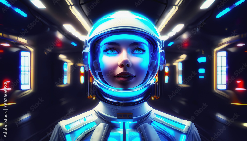 A female astronaut in a hallway in a space station.Generative AI A female astronaut in a hallway in a space station.Generative AI