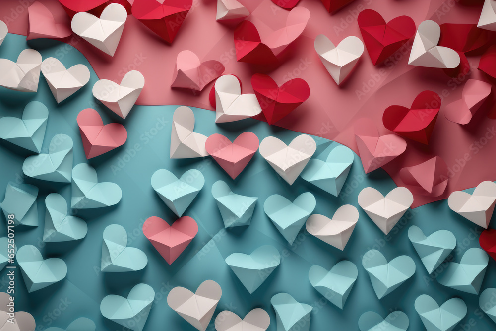 A collection of paper hearts arranged on a vibrant pink and blue background. Perfect for Valentine's Day crafts or romantic-themed designs.
