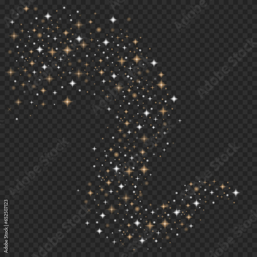 Magical trail of golden sparks on transparent background. Collection of vector glowing light effects. Christmas and New Year glitter, glare, flare, confetti