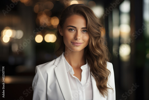 A professional woman wearing a white shirt and blazer. This image can be used to depict a businesswoman  office attire  or professional fashion.