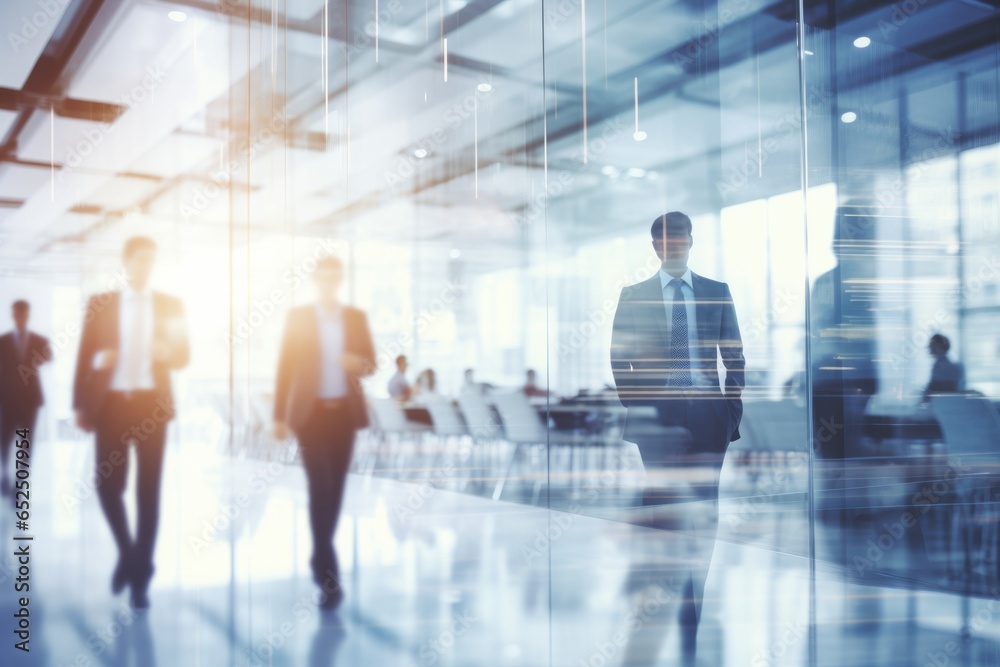 Abstract long exposure of office building interior with people captured in motion