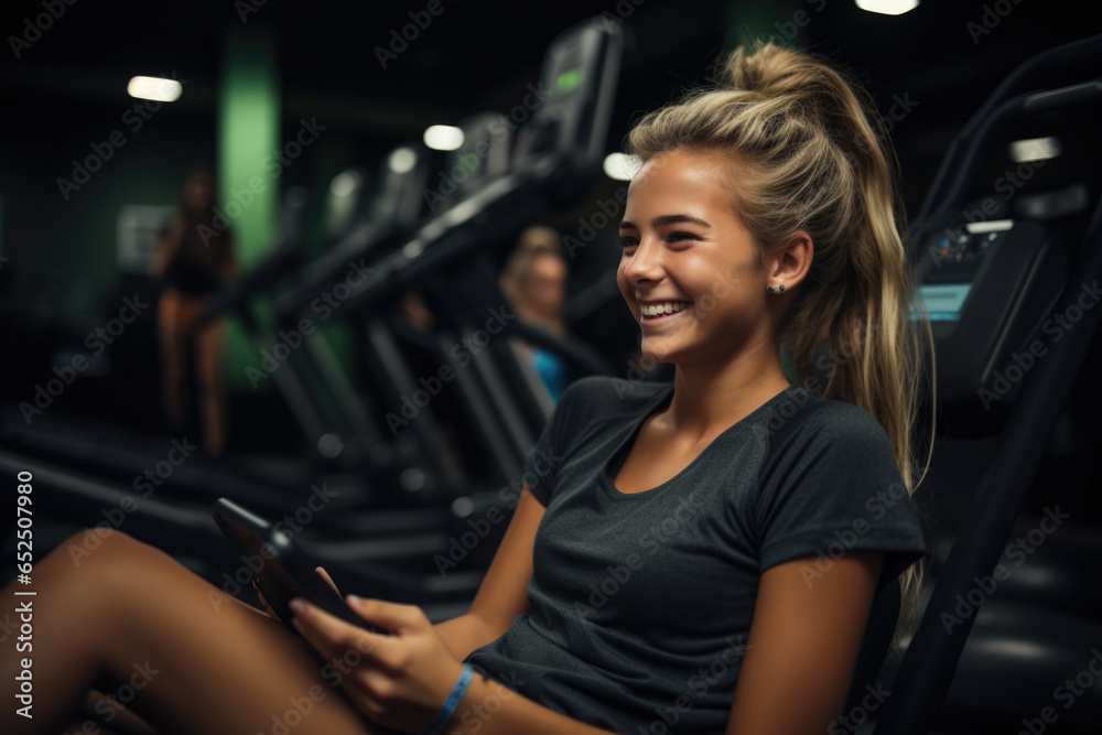 A woman sitting in a gym using a cell phone. Suitable for fitness and technology-related projects. A woman sitting in a gym using a cell phone. Suitable for fitness and technology-related projects.