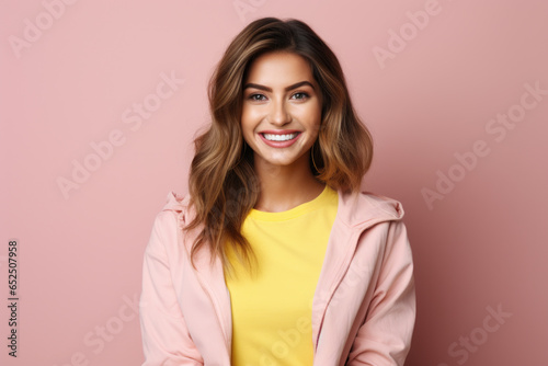 A beautiful young woman wearing a pink jacket poses for a picture. This versatile image can be used in various contexts and projects.