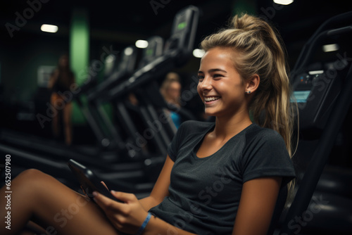 A woman sitting in a gym using a cell phone. Suitable for fitness and technology-related projects. © vefimov