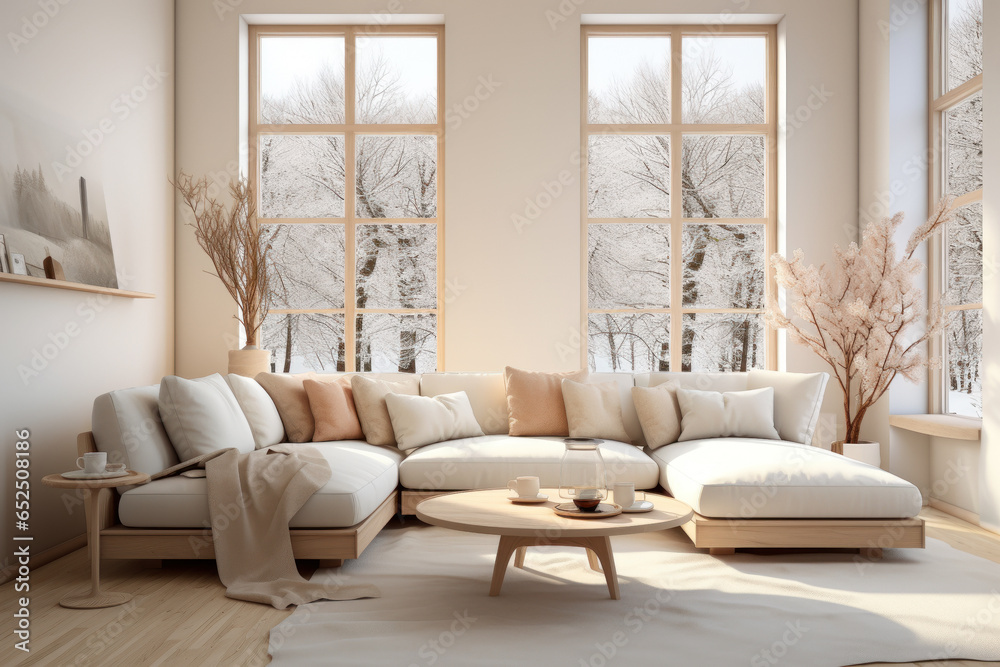 Fototapeta premium Modern house interior with Scandinavian minimalist design in winter