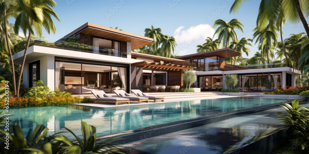 Luxury hotel with pool and palms, modern mansion or expensive house Luxury hotel with pool and palms, modern mansion or expensive house