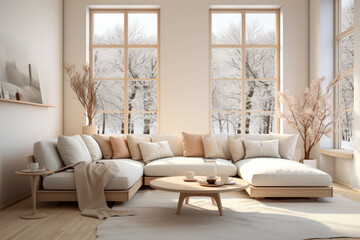 Modern house interior with Scandinavian minimalist design in winter