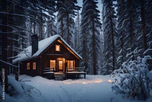 snow house in the forest, A cozy cabin nestled in a snowy Scandinavian forest