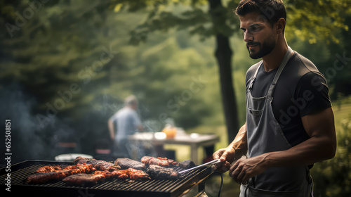  A young man grilling outdoors. Comfortable grill for grilling meat and picnic.  © SnowElf