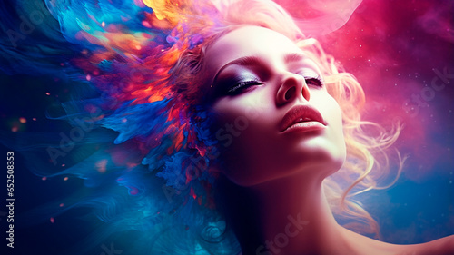 young woman with creative face in abstract lights