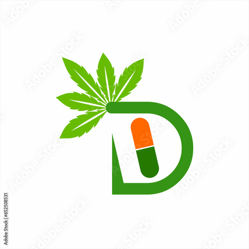 Letter D logo design with marijuana leaf and medicine capsule.