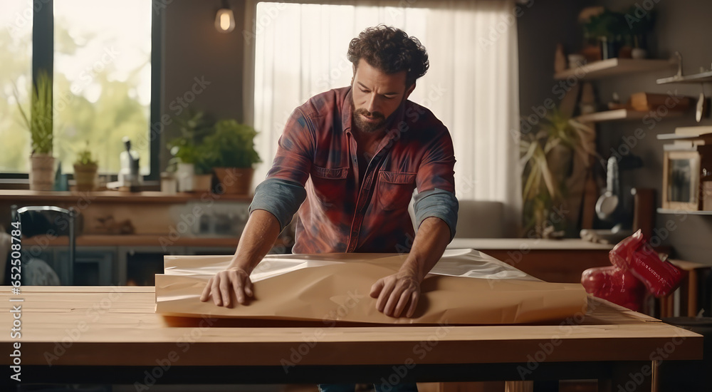 A man assembles wooden furniture after moving into a new home. Store of cabinet furniture, furniture assembly and installation, rent and mortgage of housing.  - obrazy, fototapety, plakaty 