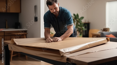 A man assembles wooden furniture after moving into a new home. Store of cabinet furniture, furniture assembly and installation, rent and mortgage of housing. 