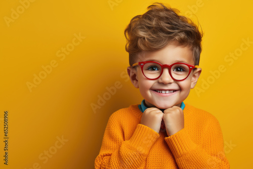 A young boy wearing glasses and a bright yellow sweater. This image can be used to portray intelligence, cuteness, or back-to-school themes. photo