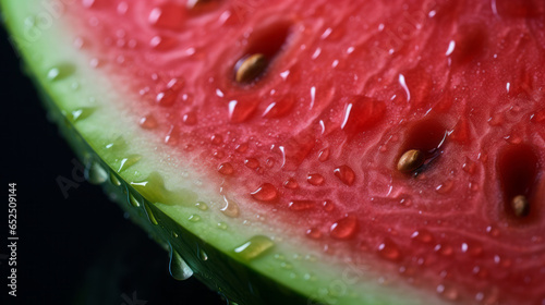 A macro shot of a watermelon with water drops.