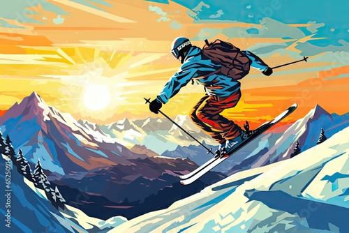 Jumping Skier, Extreme Winter Sports, Freestyle Skiing in Snow Mountains, Generative AI Illustration