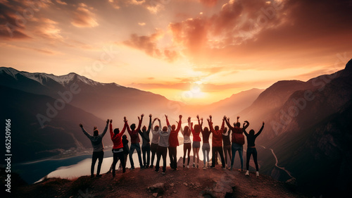 group of people jumping on the mountain peak, sunrise and mountain view, summer and sunset