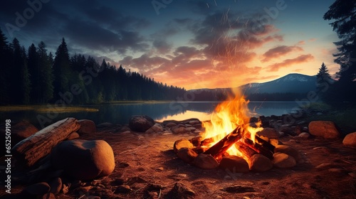 Campfire with wood fire flames beside a lake mountain. AI generated image