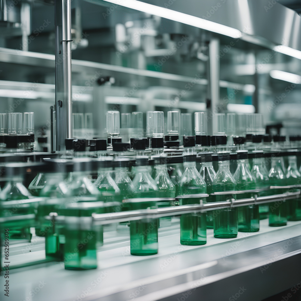 A pharmaceutical production machine is seen working on a line of pharmaceutical glass bottles A pharmaceutical production machine is seen working on a line of pharmaceutical glass bottles