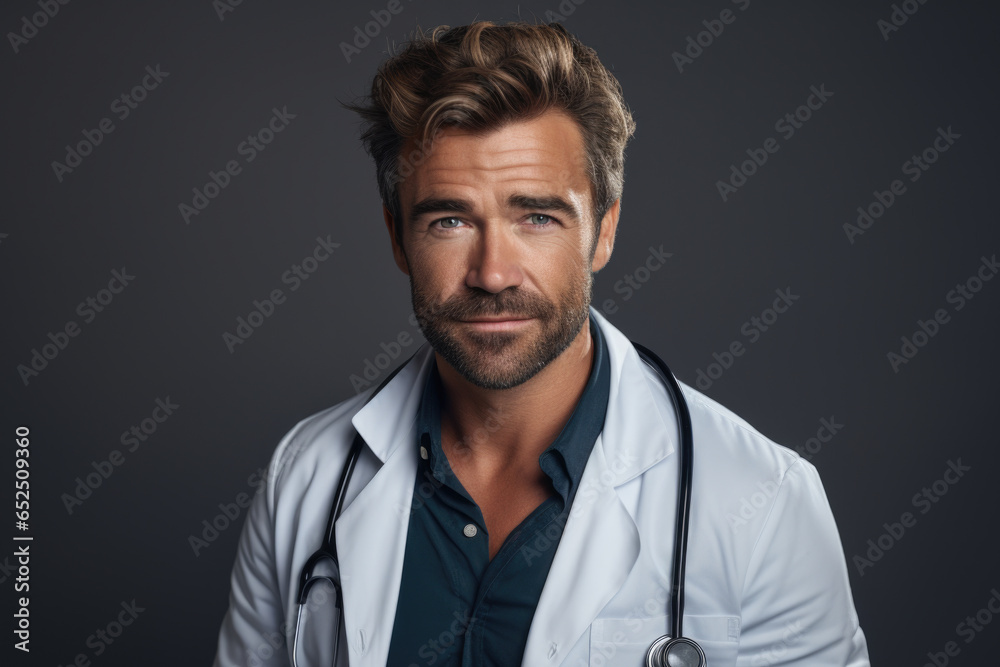 A picture of a man wearing a lab coat and holding a stethoscope. This image can be used to represent a healthcare professional, a doctor, or medical research.