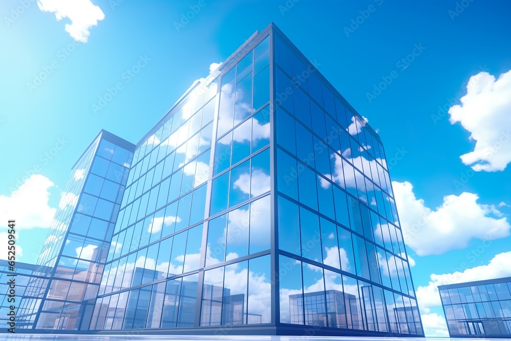 Fototapeta premium generated corporate headquarters or large office under a blue sky. generated so has no ties with any real entities. New condition glassy building, under a fair blue sky | Generative AI