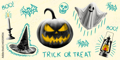 halloween concept template design with pumpkin ghost witch hat candle kerosene lamp halftone dotted collage elements with crazy grunge doodle shapes