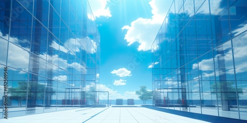 generated corporate headquarters or large office under a blue sky. generated so has no ties with any real entities. New condition glassy building, under a fair blue sky | Generative AI photo