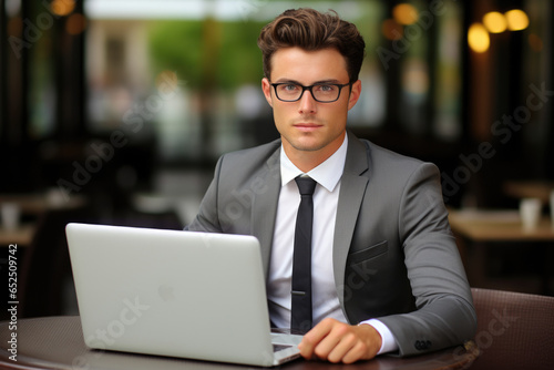 A professional man in a suit sitting at a table, focused on his laptop. Suitable for business and technology-related themes. © vefimov