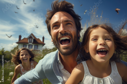 A man is capturing a moment with a little girl by taking a selfie. This image can be used to depict family bonding, technology usage, or capturing memories.