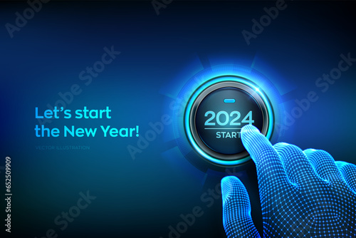 2024 start. Finger about to press a button with the text 2024 start. Happy new year. New Year two thousand and twenty three is coming concept. Vector illustration.
