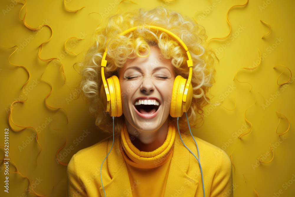 A woman wearing headphones and a yellow sweater. This image can be used to depict leisure, music, technology, or relaxation.