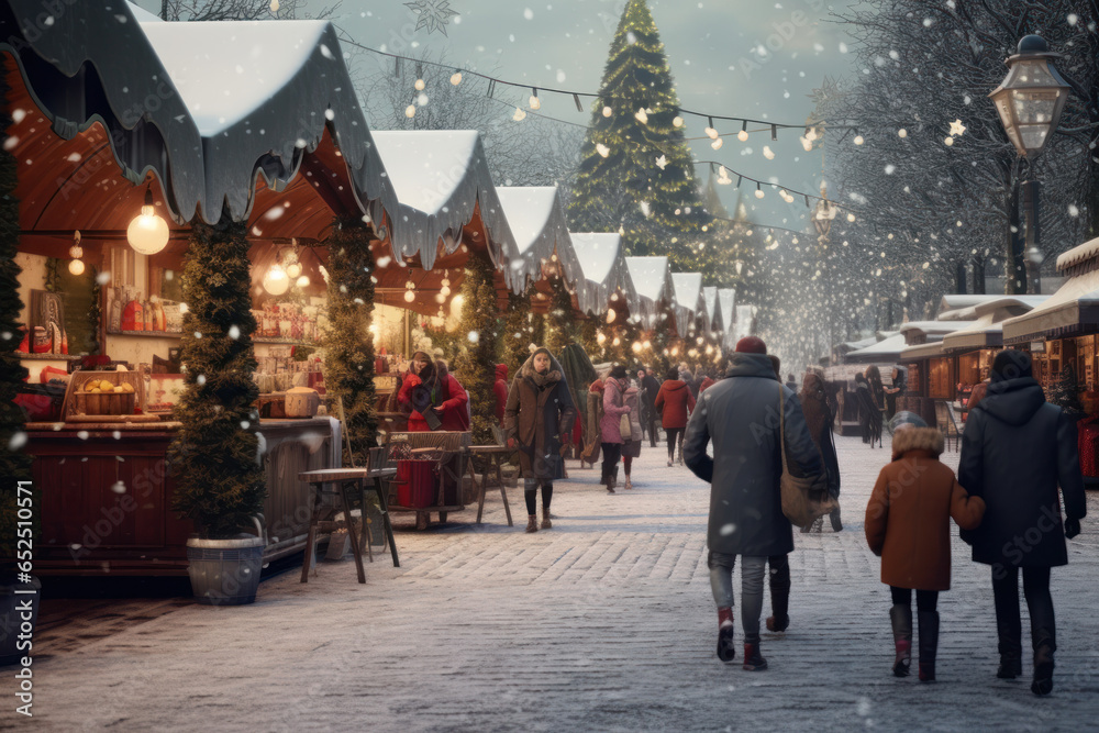 Joyful Crowd Reveling in the Holiday Magic of a Christmas Market, Immerse in a Winter Wonderland Bathed in Snow, Radiating Festive Spirits and Warmth..