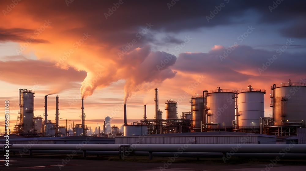 Sunset Glow Over Industrial Oil Refinery. Generative ai