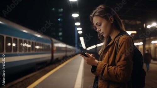 Smiling female looking at smart phone in airport,  generative ai © Matan