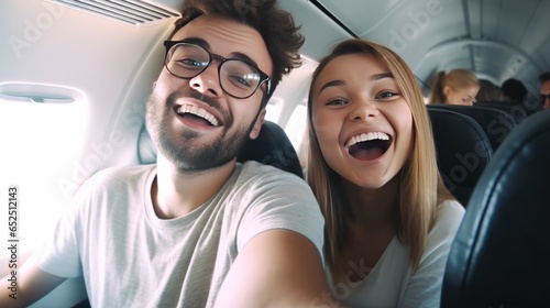 Happy tourist taking selfie inside airplane, generative ai © Matan