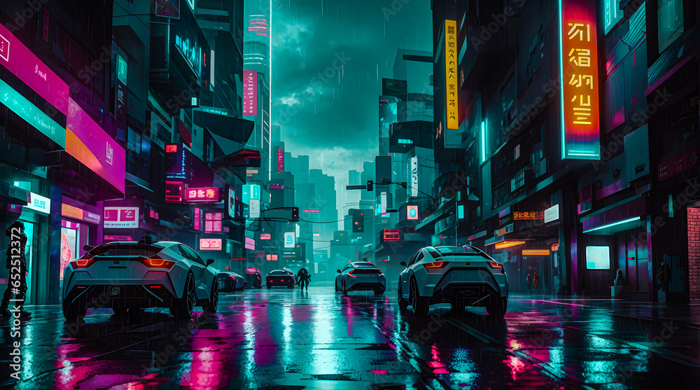 Beautiful street view of future city at night during rain, wet floor cyan color contrast wallpaper