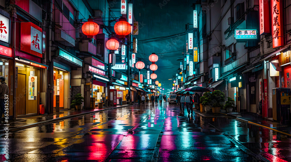 beautiful landscpae view of Japan street at night during rain, wet floor of street, lanterns on street, people walking on Japan streets at night. - obrazy, fototapety, plakaty 