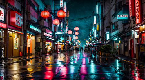 beautiful landscpae view of Japan street at night during rain, wet floor of street, lanterns on street, people walking on Japan streets at night.