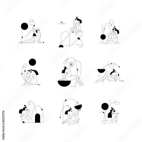Abstract contemporary woman body vector collection. Minimal female silhouette, feminine figure, geometric shapes composition. Beauty, body care concept illustration set for logo, branding. Fine art